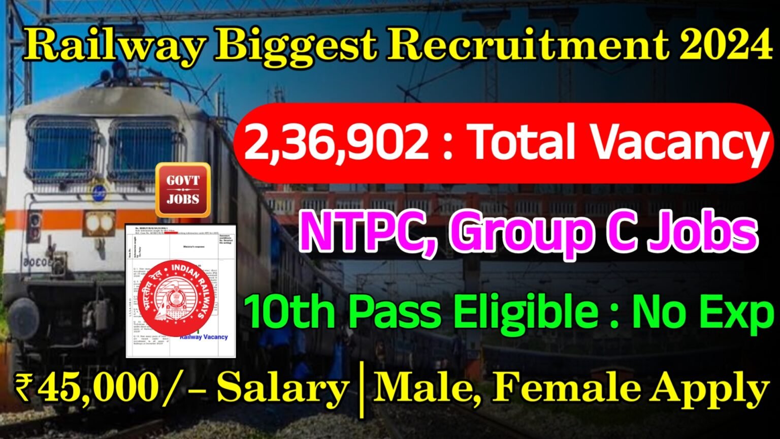 Railway 2,36,902 NTPC, Group C Jobs Notification 2024 Latest Govt